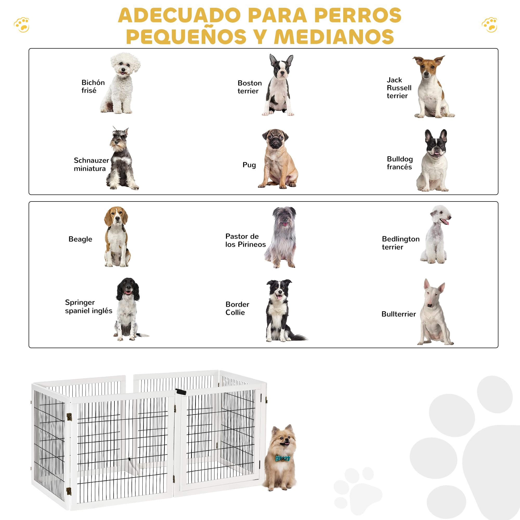 PawHut Barrera de Seguridad para Perros de Madera Plegable, para Escaleras y Puertas, Valla para Perros Pequeños y Medianos de 6 Paneles, con Soporte de Pie, para Interiores, 432x36x70 cm, Blanco