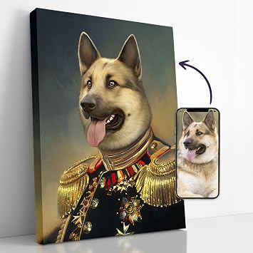 Custom Pet Portrait Canvas from Photo, Royal Pet Portraits as Unique Gifts for Dog Lovers, Turn your beloved Dog or Cat into Royalty Lieutenant Canine, 12" x 16"