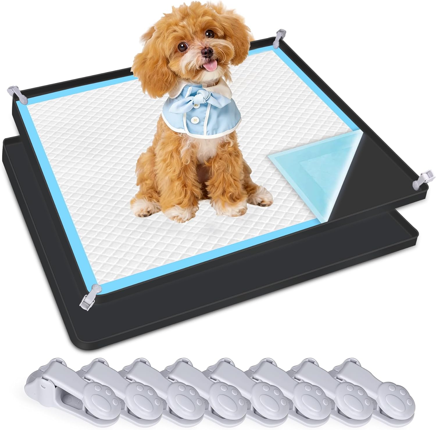 Dog Pee Pad Holder, 2 Pack Dog Potty Tray Silicone Puppy Pad Holder Tray Fits for 24" x 24" Training Pads, Puppy Potty Tray With 8 Clamps No Spill Raised Lip High Edge for Floor Protection (Black)