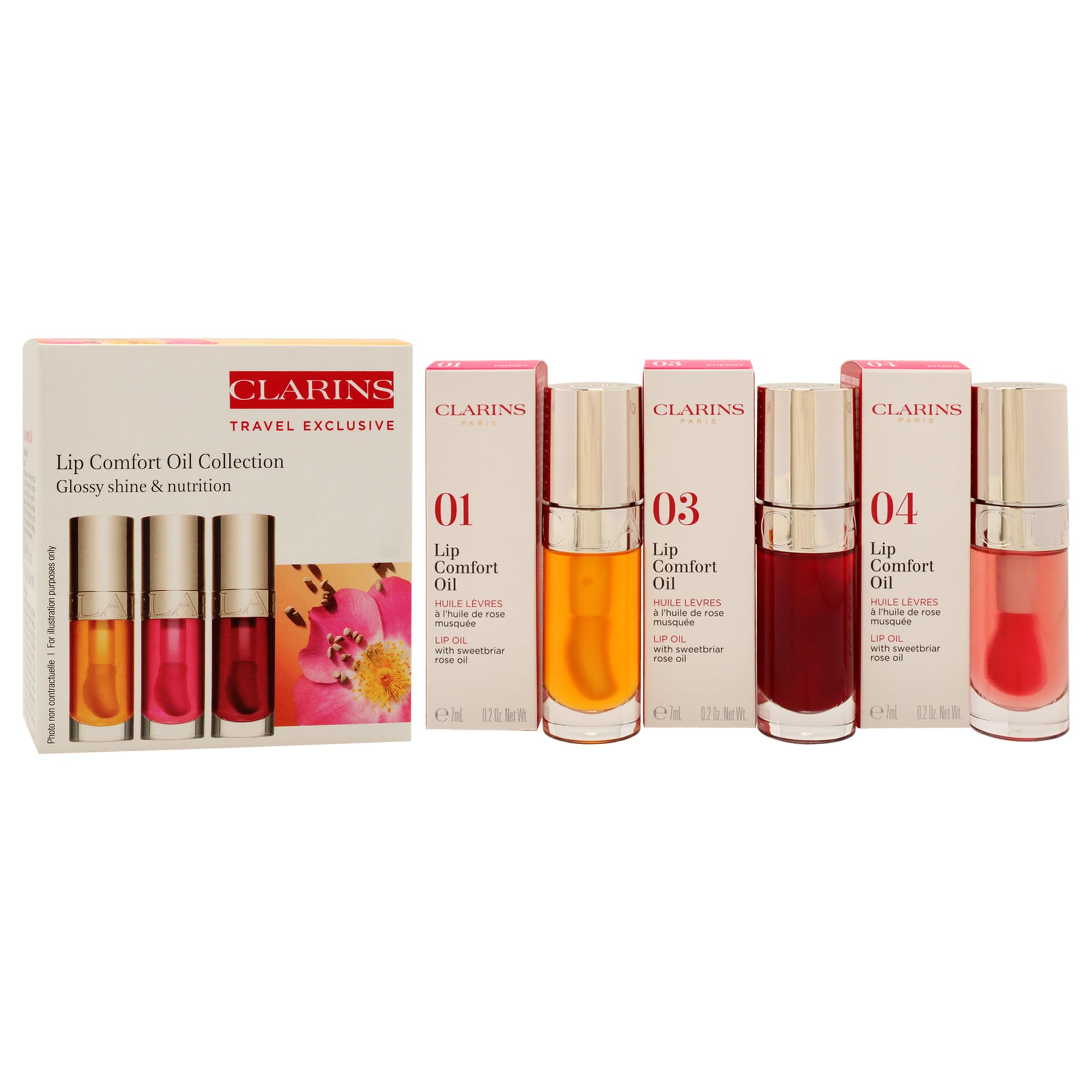 Lip Comfort Oil Collection by Clarins for Women - 3 x 0.2 oz Lip Oil - 01 Honey, Lip Oil - 03 Cherry, Lip Oil - 04 Pitaya - Image 3