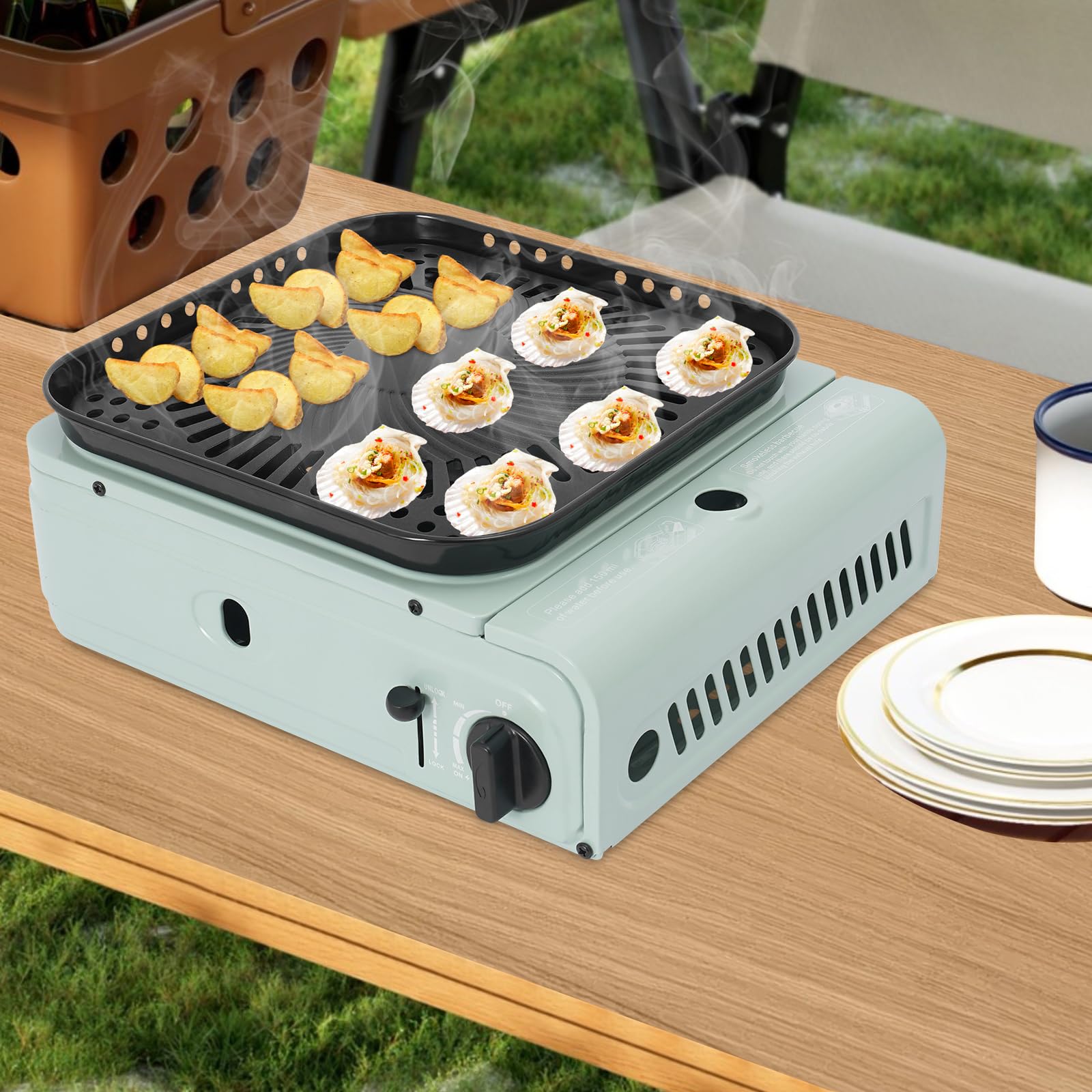 Barbecue de camping portable à gaz, butane ou propane 2 en 1 avec sac de transport, petit barbecue de table pour camping, randonnée, tourisme sac à dos (vert)