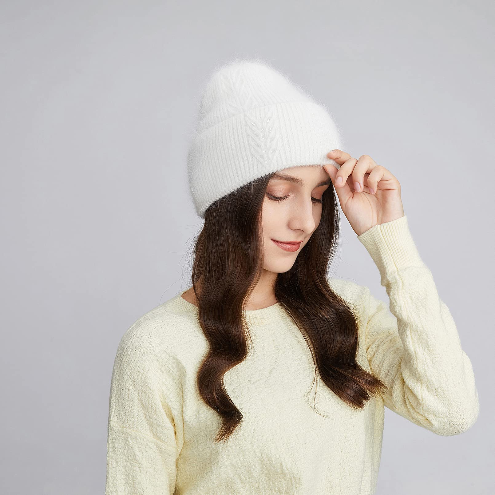 BeFur Bonnet à pompon en cachemire pour femme - Chaud - Côté large avec strass - Pour l'hiver, Blanc., Taille unique