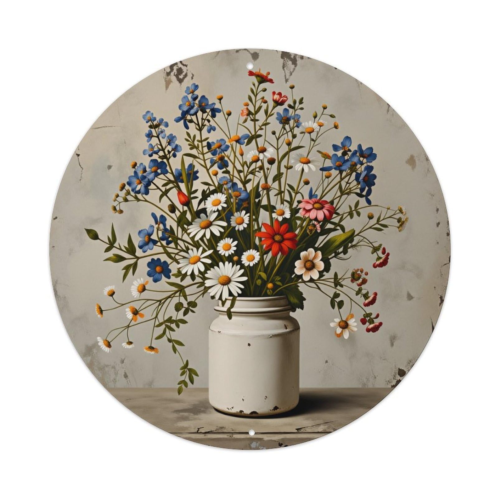 Floral Arrangement In Jar With Wildflowers Round Tin Sign Vintage Style Metal Sign Home Bar Garden Wall Plaque Decor Metal Poster 8x8 Inch