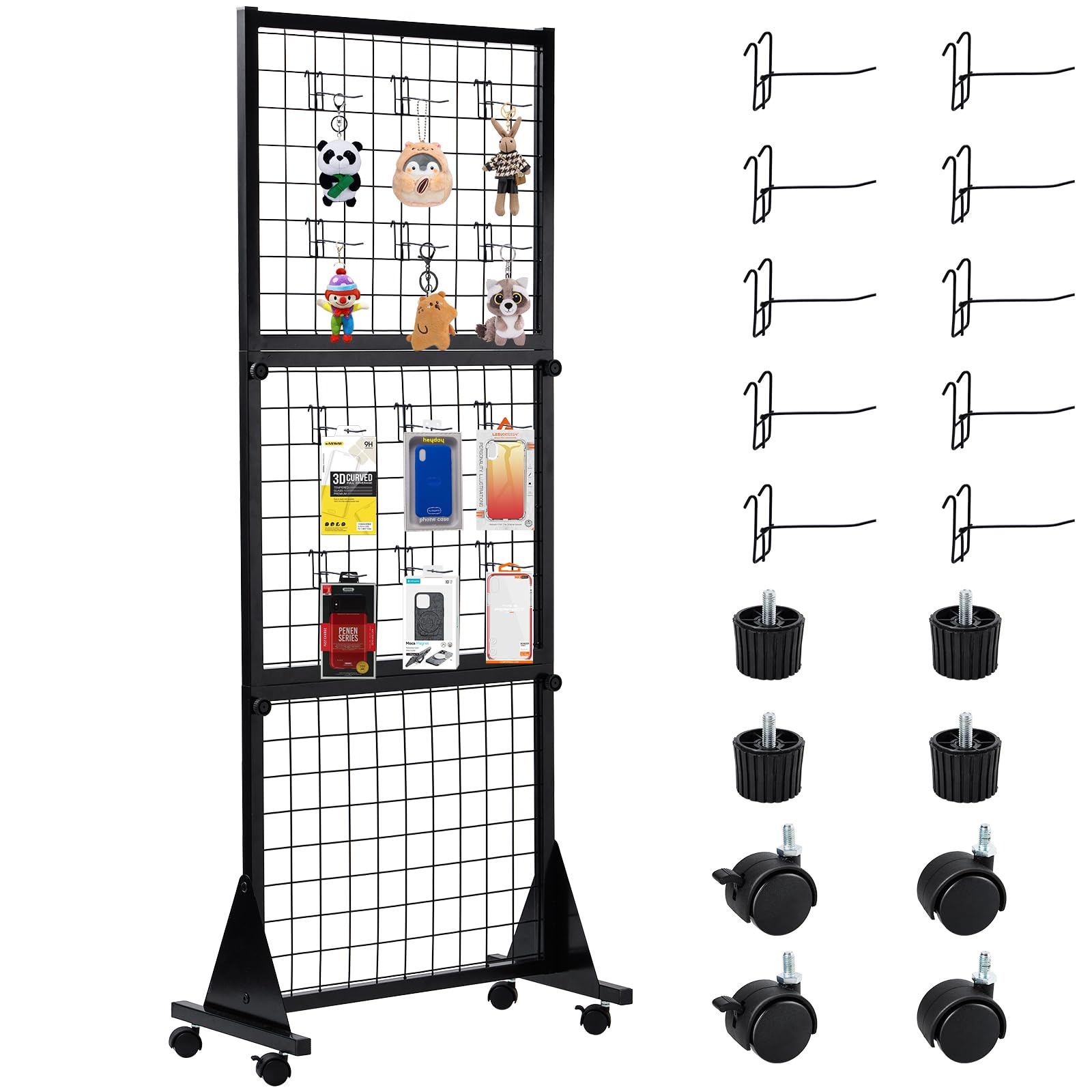 3-Layer Grid Wall Panel, Movable Steel Wire Grid Wall Panel Tower, Wire Grid Wall Display Rack, Pulley Bracket with T-shaped Base and 10 Hooks, Suitable for Retail, Home, and Office, Black
