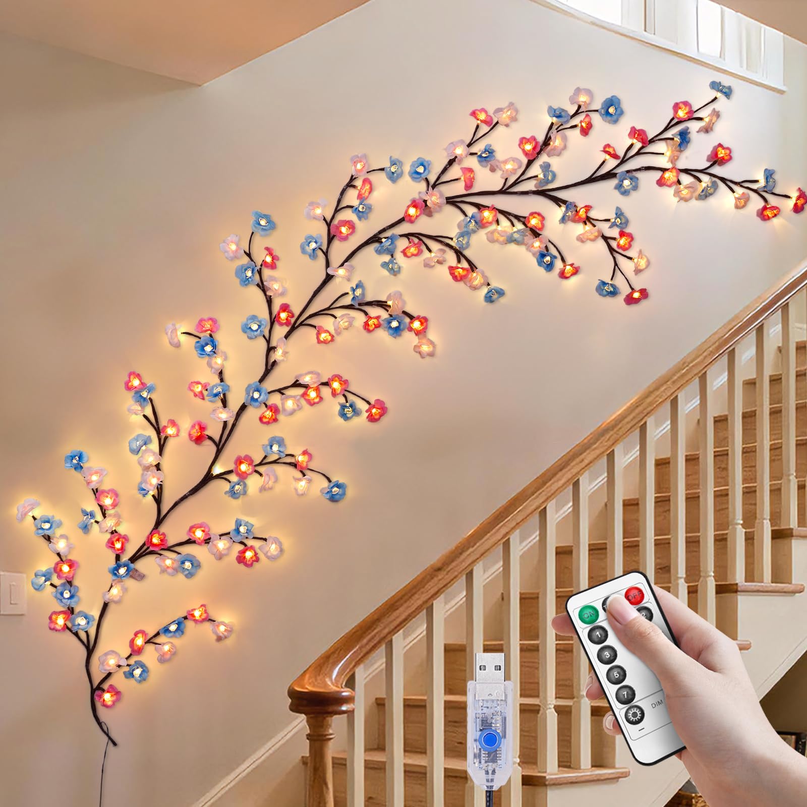 7.55 FT 144 LED Cherry Blossom Tree Branch Lights for Wall,8 Modes Artificial Pink Cherry Blossom Garland with Remote and Timer,Willow Vine Lights (144 LED Three-Color Cherry Blossom)