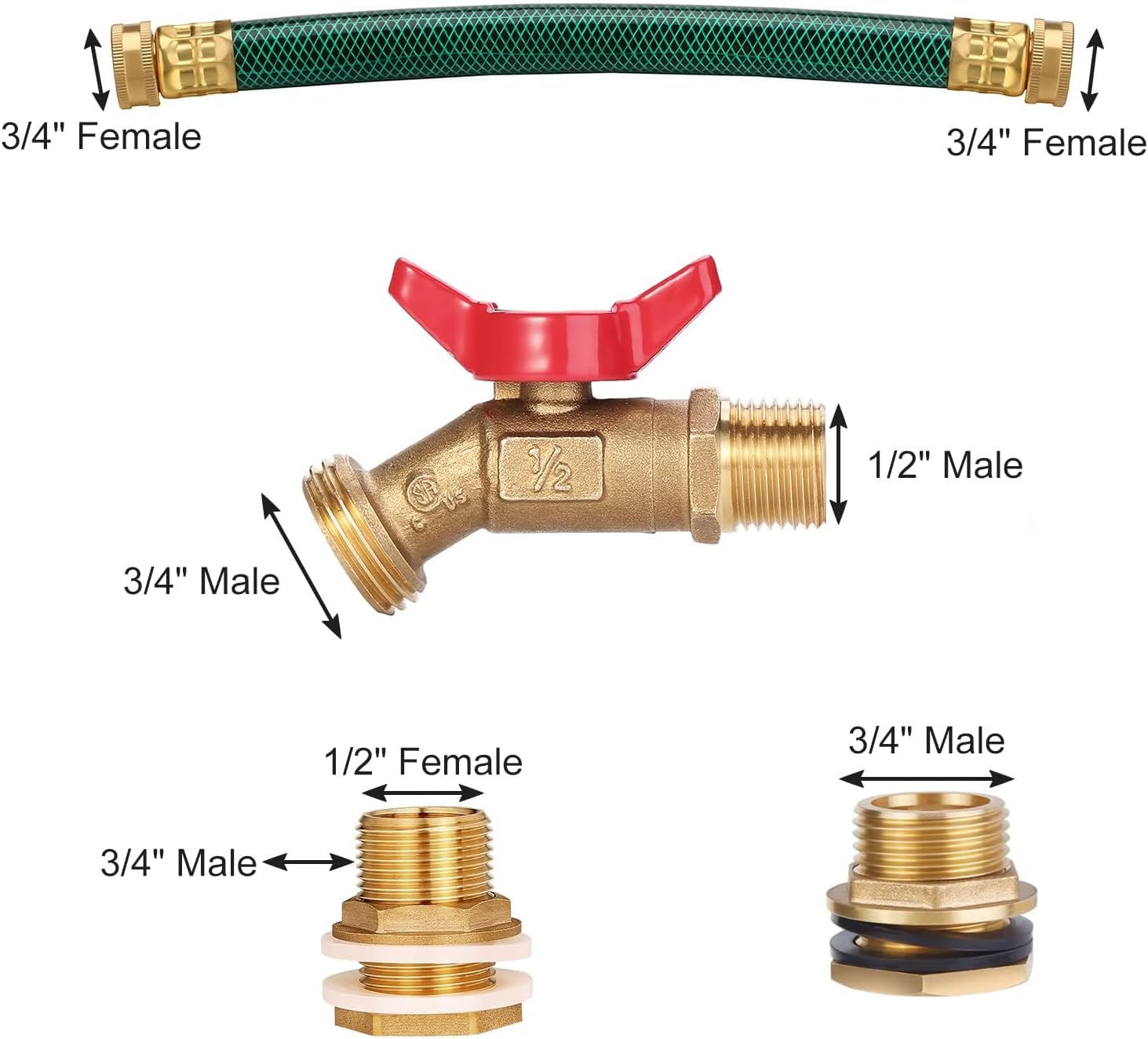 WADEO Rain Barrel Spigot - Brass Quarter Turn Ball Valve with Bulkhead Fitting, Two 12 Inch Hoses and Four Brass Fittings