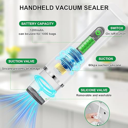 Miniatura 7 de Potente sellador al vacío de mano para alimentos, ahorrador de alimentos portátil con bolsas al vacío (máquina selladora al vacío + 30 bolsas de