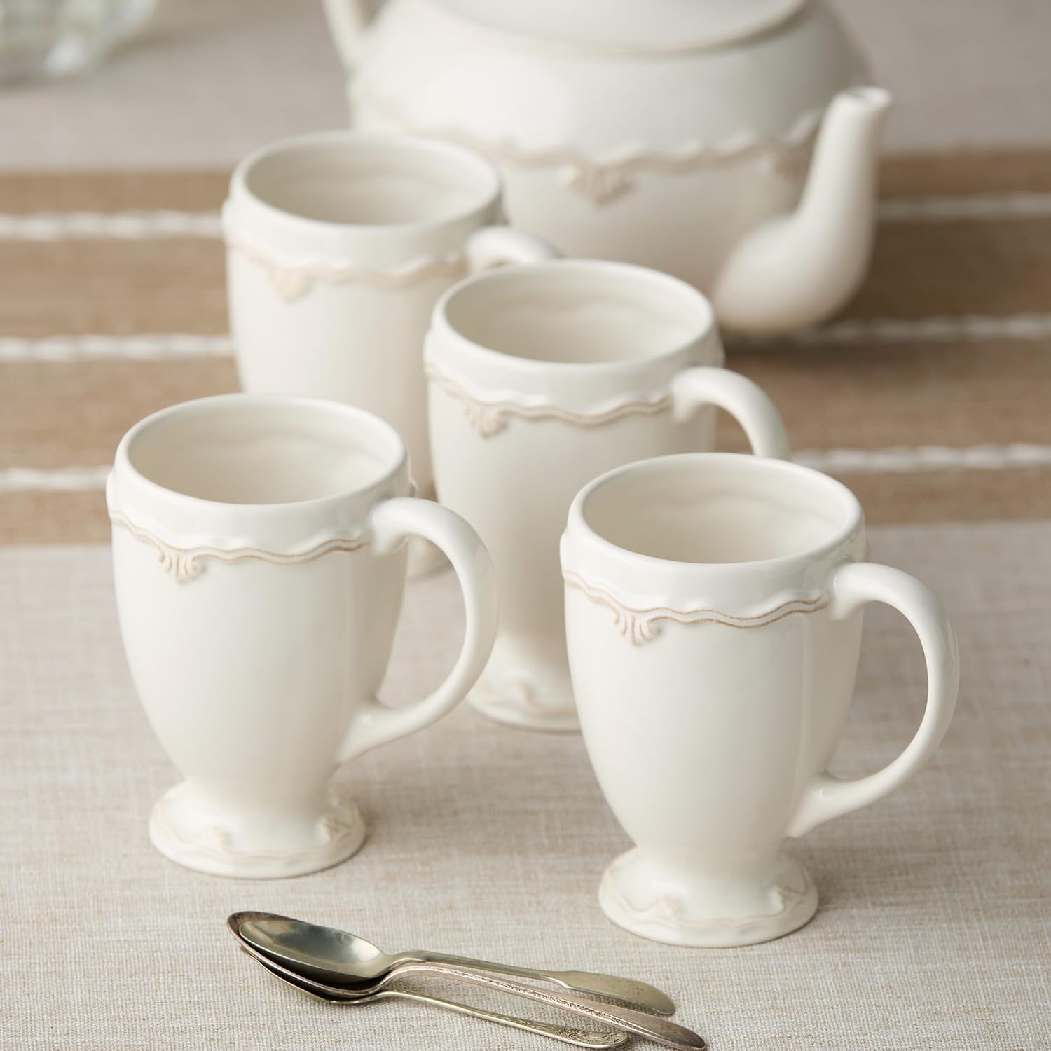Heritage Scroll Ivory Stoneware Mugs, Set of 4 – Classic Footed Cups with Sculpted Scroll Design – Elegant Tea or Coffee Mugs for Daily Use or Entertaining image 5
