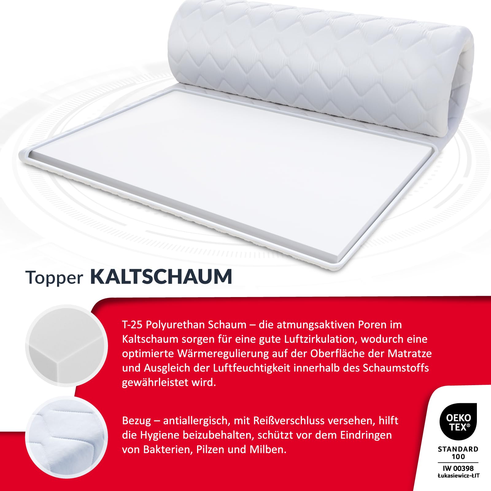 FDM Nakładka na materac z zimnej pianki materac wierzchni 180 x 200 cm zimna pianka stopień twardości H4 wysokość ok. 5 cm nadaje się dla alergików, certyfikat Öko-Tex, biały