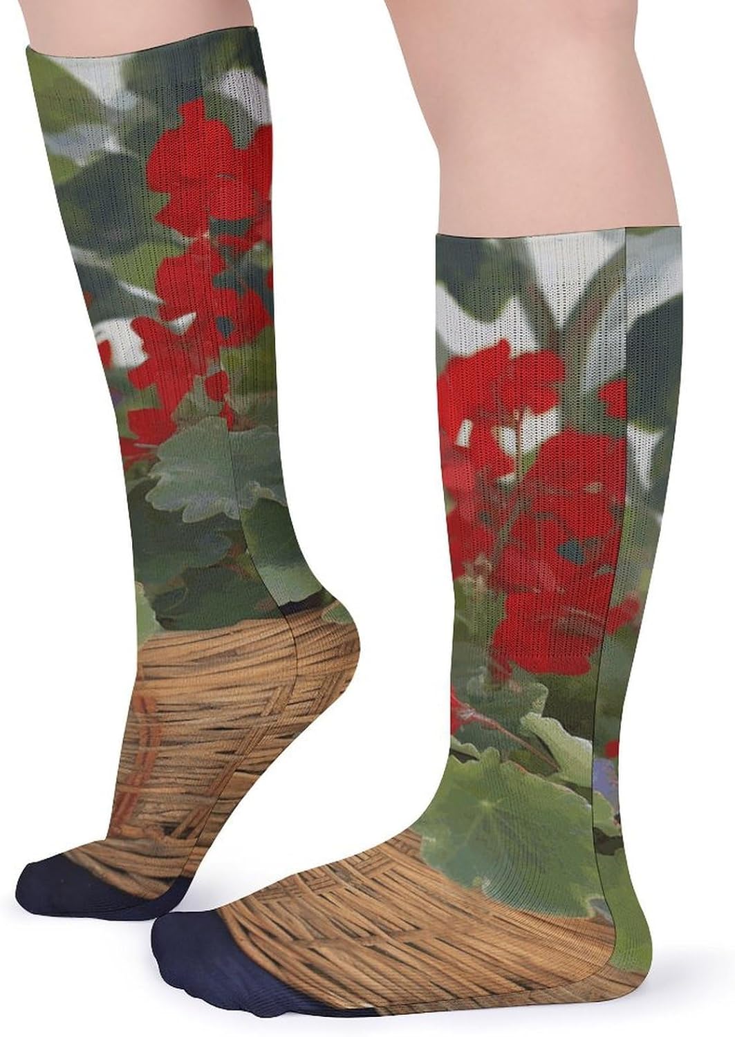 Breathable Crew Sock, Moisture Wicking, Athletic Calf Socks, Cozy | Geranium Basket Compression Socks for Women Men, Lightweight High Work Socks for Business, Casual