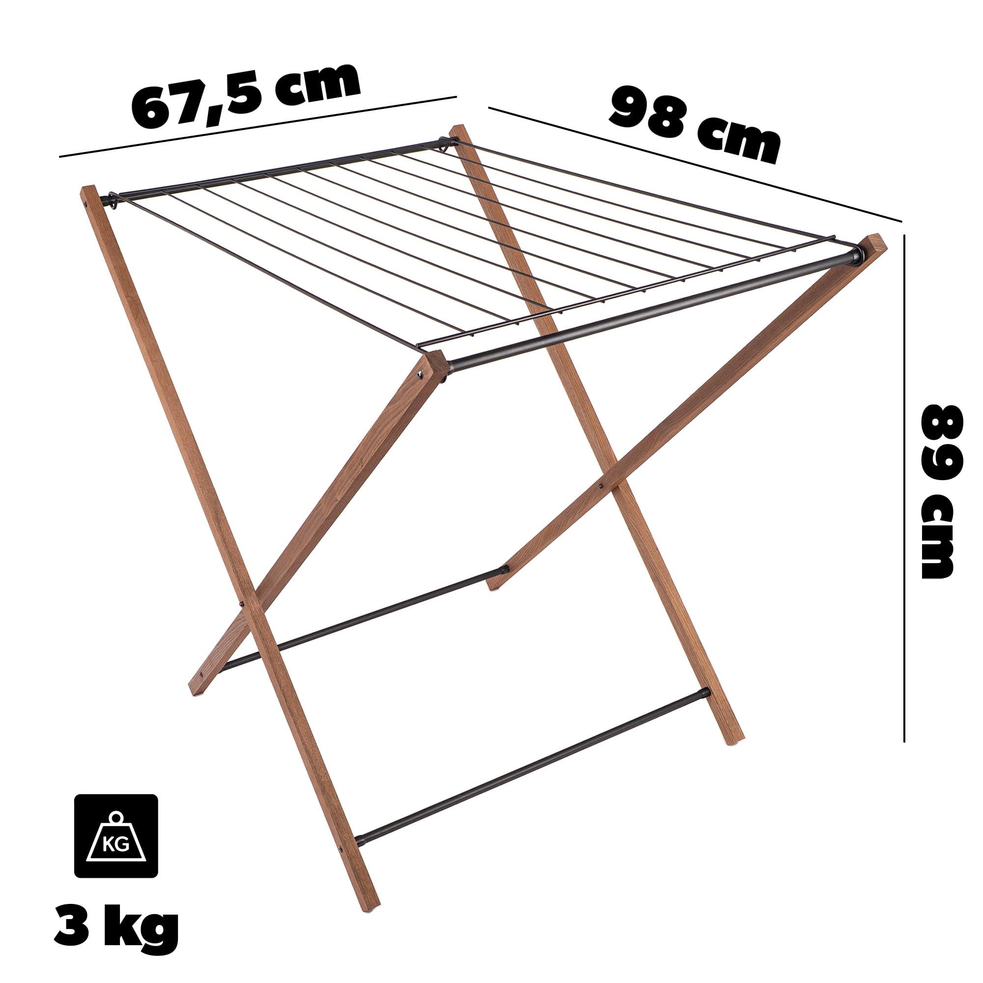KADAX Wäscheständer aus Holz, 7m² Trockenfläche, 98 x 89 cm, klappbarer Standtrockner zum platzsparenden Trocknen von Kleidung, Handtüchern & Bettwäsche, Stabiler Wäschetrockner