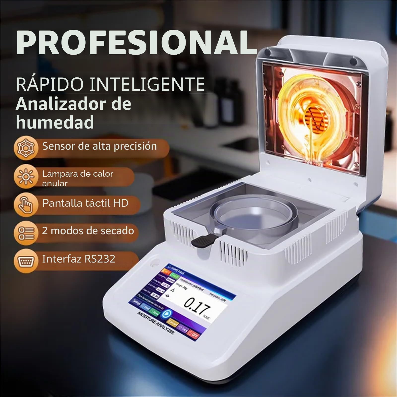 Medidor de humedad, Analizador De Humedad Halógeno De 120 G Con Pantalla Táctil De 5 Pulgadas Y Calentamiento De Partículas De Plástico For Alimentos Y Maíz.(120g 0.001g)