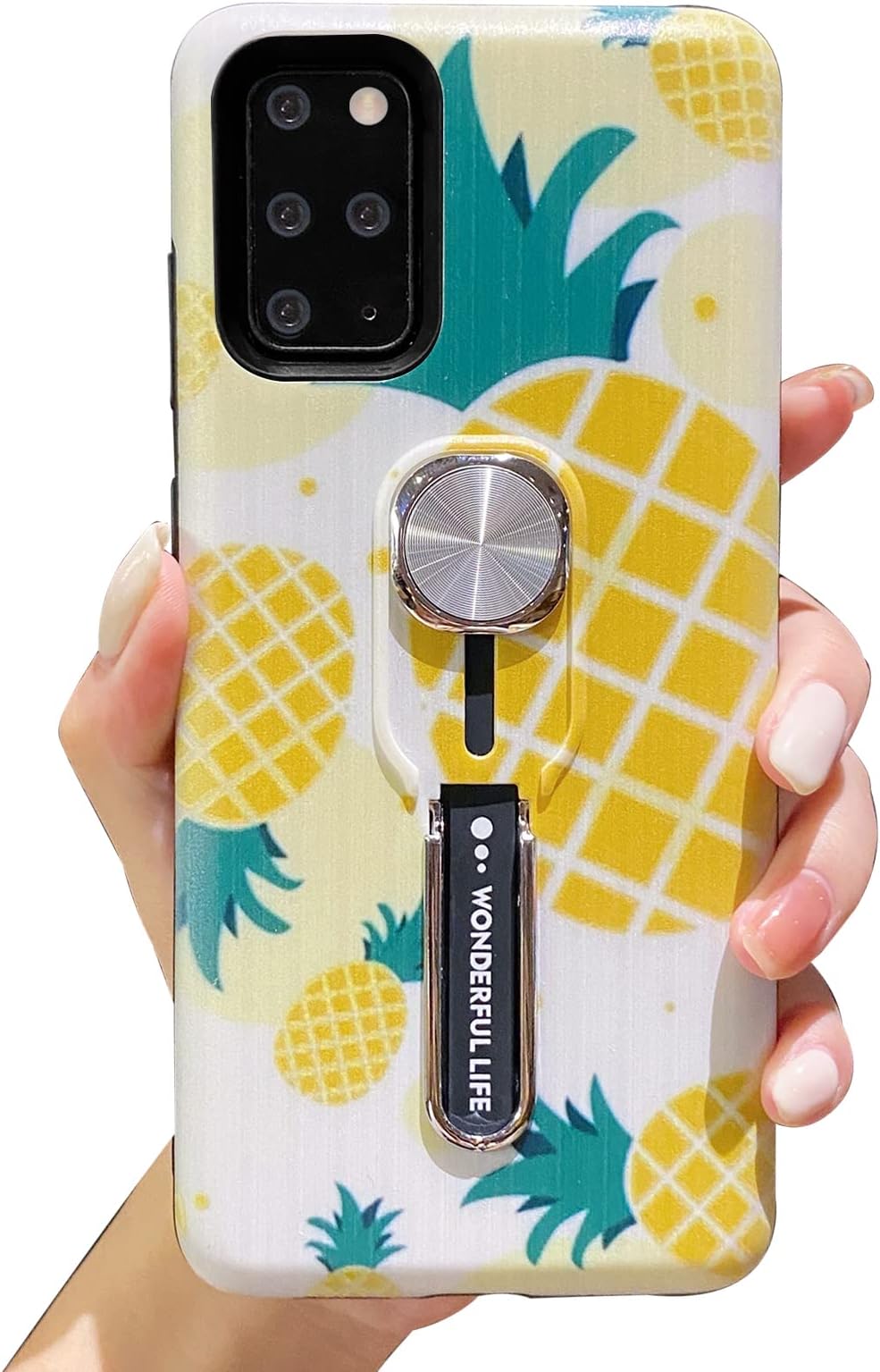 Samsung Galaxy S20 Plus 5G Stand Case,Cute Pineapple 3D Embossed Design Holder Phone Case with Finger Grip Strap Rugged Shockproof Dual Layer Protective Kickstand Cover for Galaxy S20+ 5G