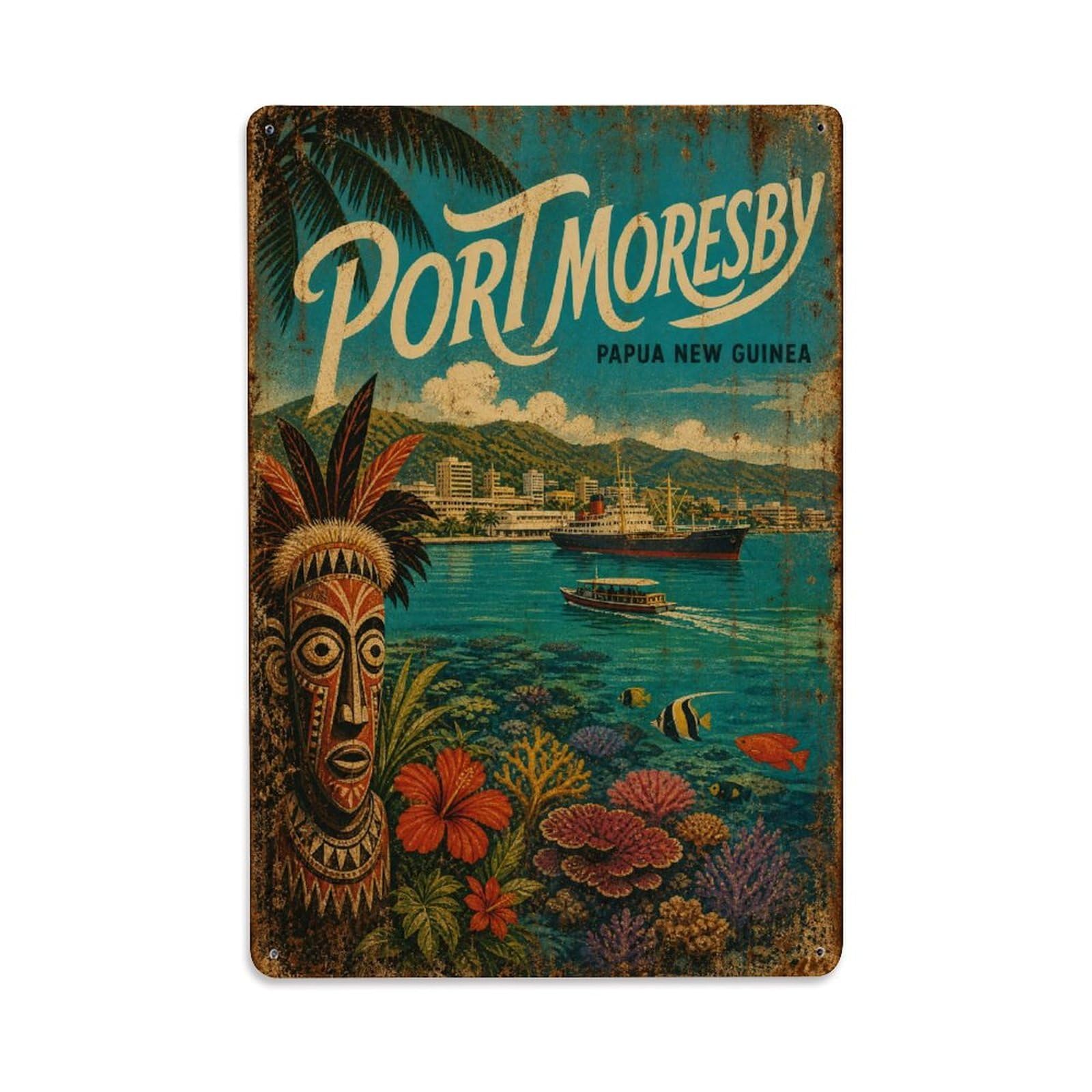 Metal Tin Sign Travel Vintage Papua New Guinea Port Moresby