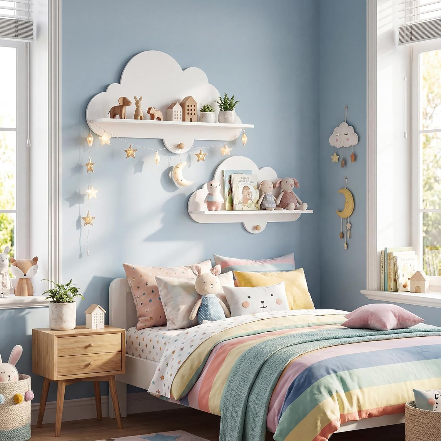 Costzon 2 Pieces Floating Cloud Shelves, Wall Mounted Kids Bookshelf w/Compartments, Cute Corner Bookshelves, Space Saving Wall Shelves for Kid's Room, Nursery, Playroom & Bedroom (Cloud)