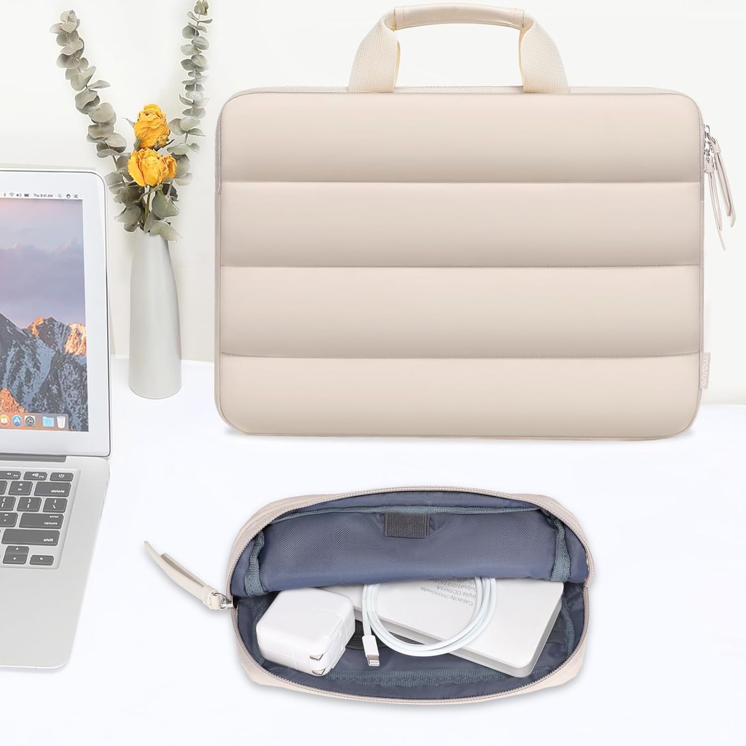 MOSISO 360 Protective Puffy Laptop Shoulder Bag,15-15.6 inch Computer Messenger Bag Compatible with MacBook Pro 16 inch, HP, Dell, Lenovo,Asus Notebook with Horizontal pocket&Small Case&Belt, Sand