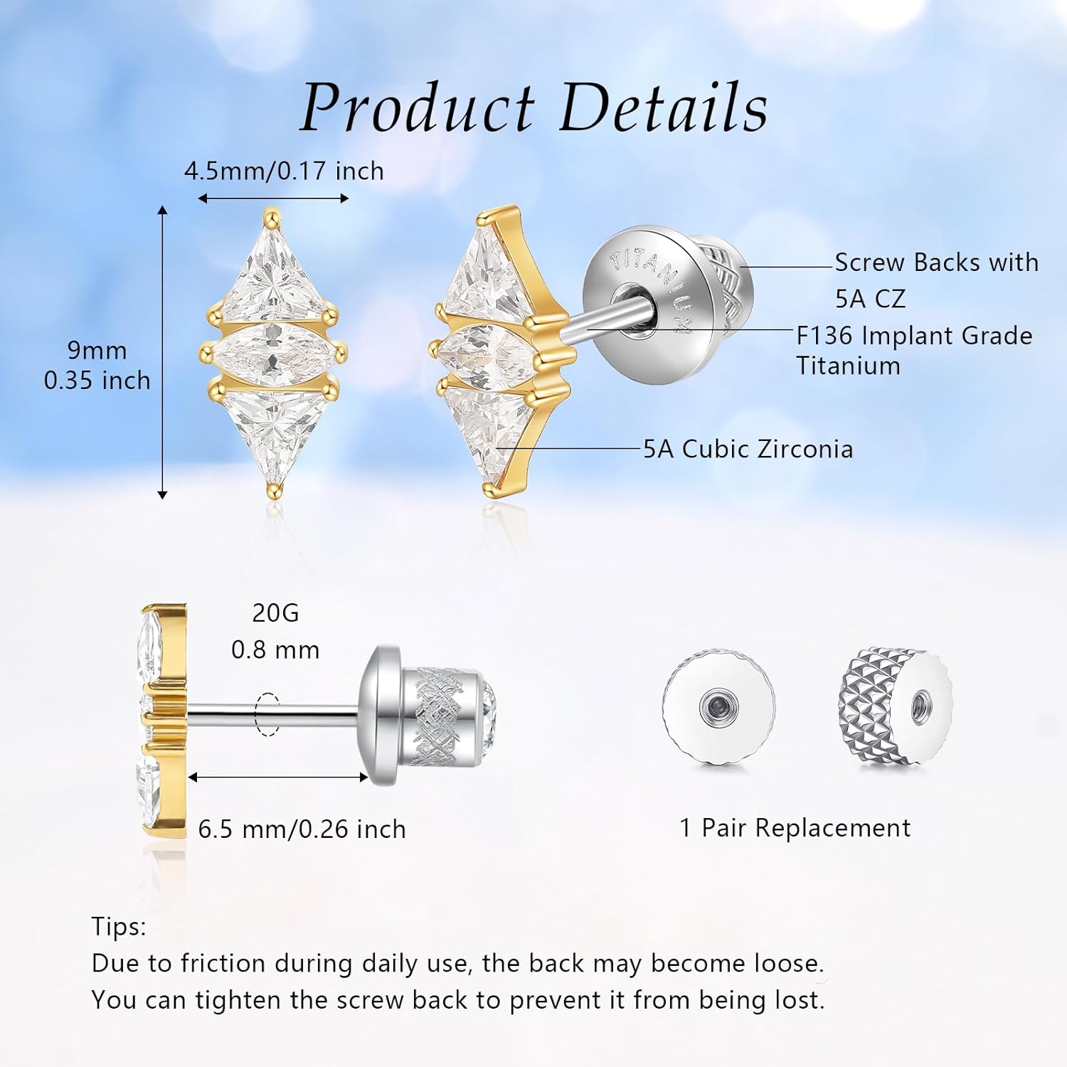 Limerencia Screw Back Earrings Hypoallergenic G23 Implant Grade Titanium Earrings Tragus 20G Helix Cubic Zirconia Studs F136 Titanium Piercing Post for Women Sensitive Ears - Image 3