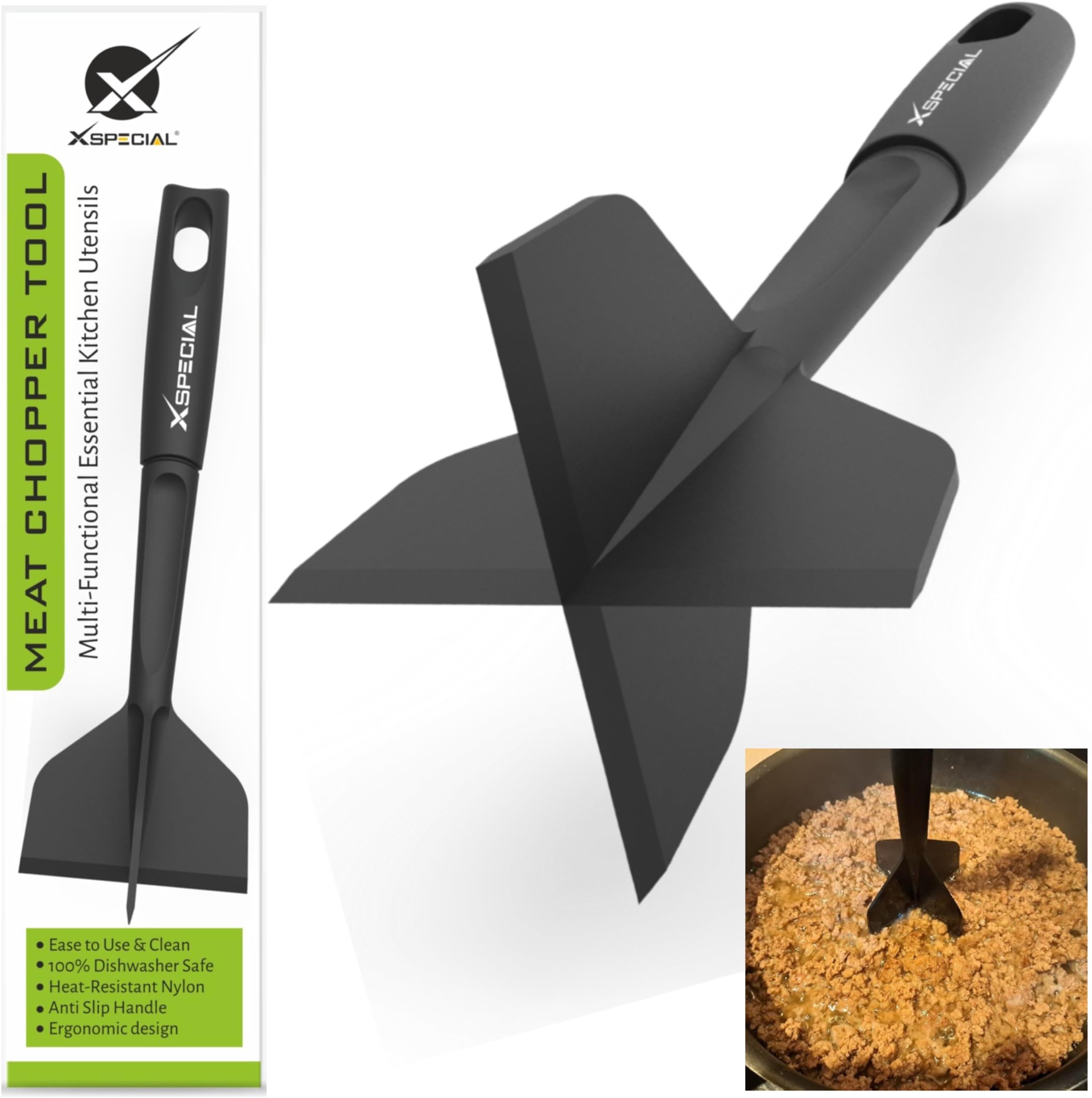 PROFESSIONAL MEAT CHOPPER TOOL - 70% Faster Than Spatula! Transform Hamburger Ground Beef into Perfect Tacos & Chili - Ergonomic Separator Smasher, Dishwasher Safe, Nylon Non-Scratch for All Cookware