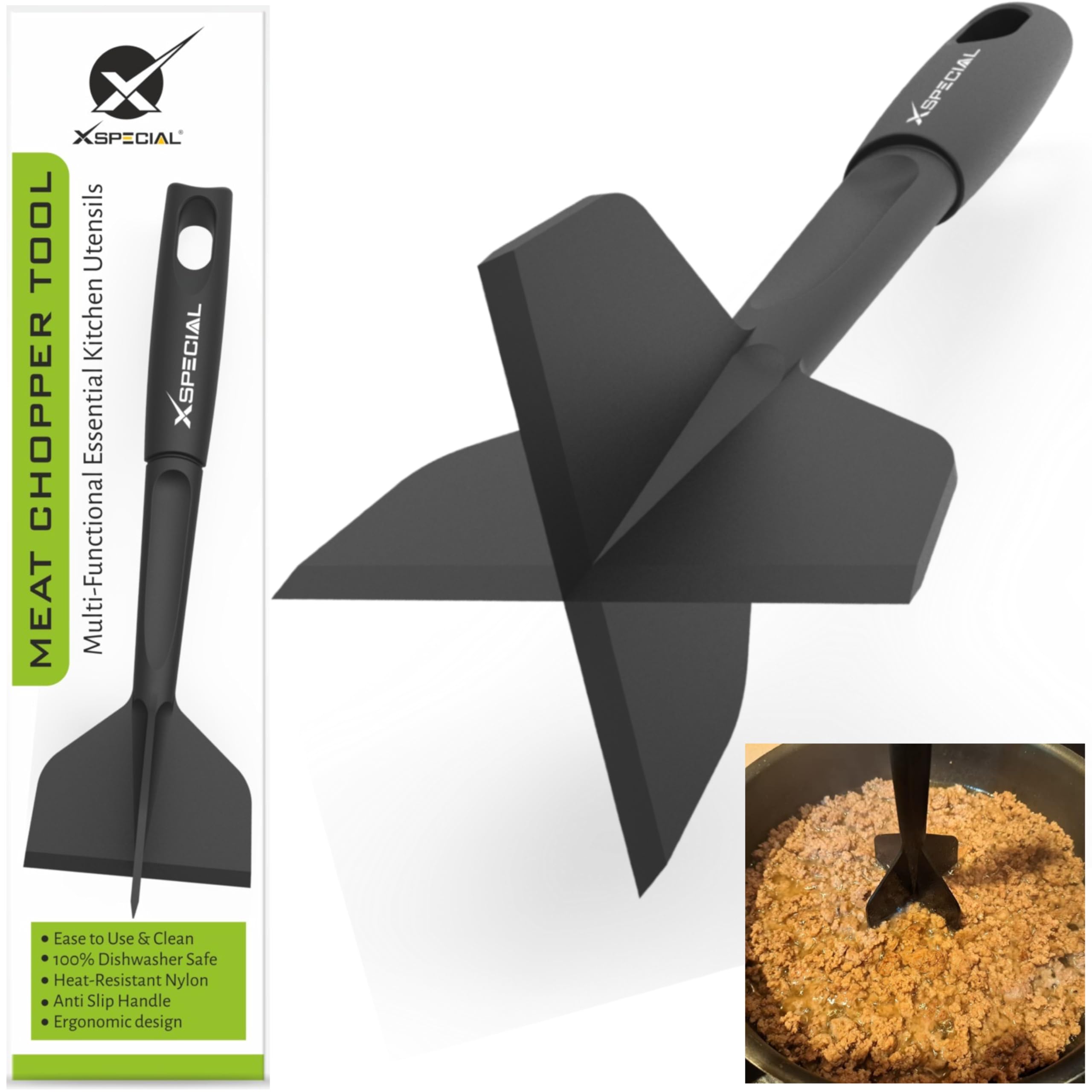 PROFESSIONAL MEAT CHOPPER TOOL - 70% Faster Than Spatula! Transform Hamburger Ground Beef into Perfect Tacos & Chili - Ergonomic Separator Smasher, Dishwasher Safe, Nylon Non-Scratch for All Cookware