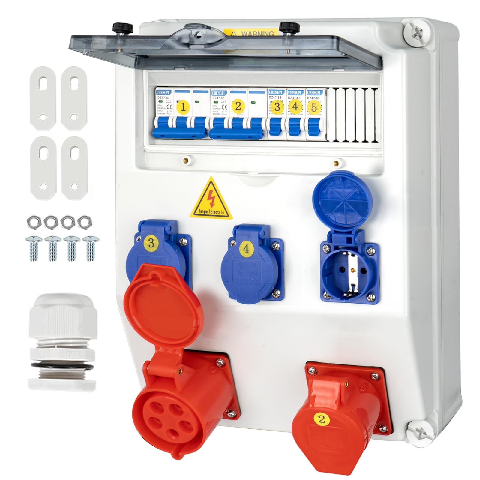 Coffret Électrique de Chantier,Répartiteur Mural,Distributeur de Courant Électrique avec Disjoncteur,5P CEE Prise et Schuko Prise,Distributeur de Puissance Consommée pour Ateliers et Usines