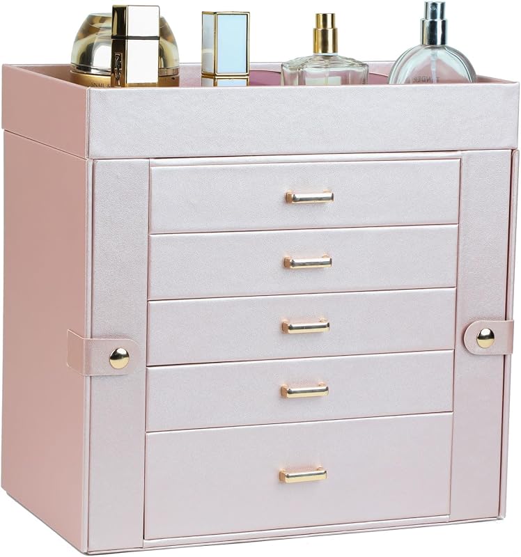 BOOVO Large Jewelry Boxes For Women (Rose Gold, 6 Layer) | 6 Layers Jewelry Organizer Box With Cosmetic Storage Drawer, Necklace Ring Jewelry Organizer Box