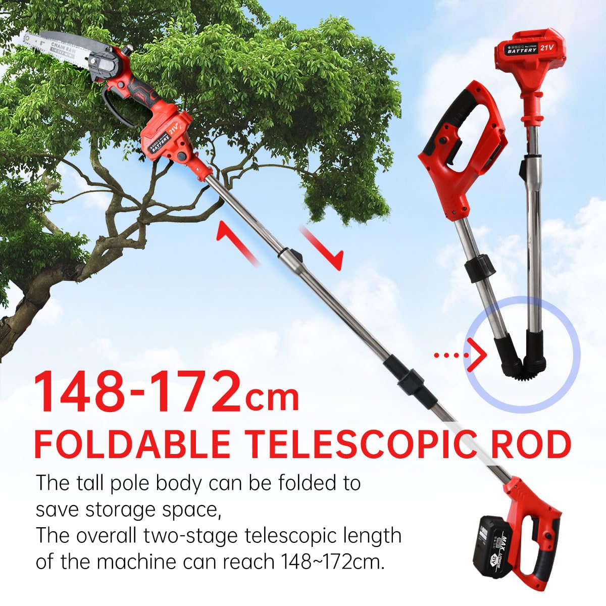 4 in 1 Potatore Telescopico a Batteria 8 Pollici, Motore Brushless Cesoie Elettriche a Batteria, Mini Motosega a Mano con Testa Girevole 90°, 2x2000mAh per Giardinaggio e Taglio Ad Alto Fusto