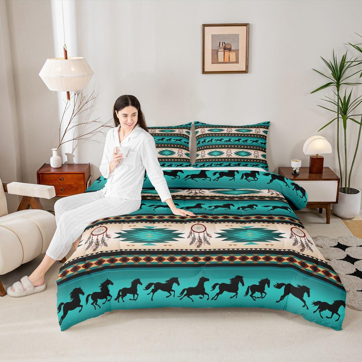 Horse Duvet Insert Dreamcatcher Bedding Set for Boys Child Teens Men,Aztec African Tribal Horse Printed Comforter Set Western Farm Animals Down Comforter Exotic Nordic Style Bedroom Decor,Twin