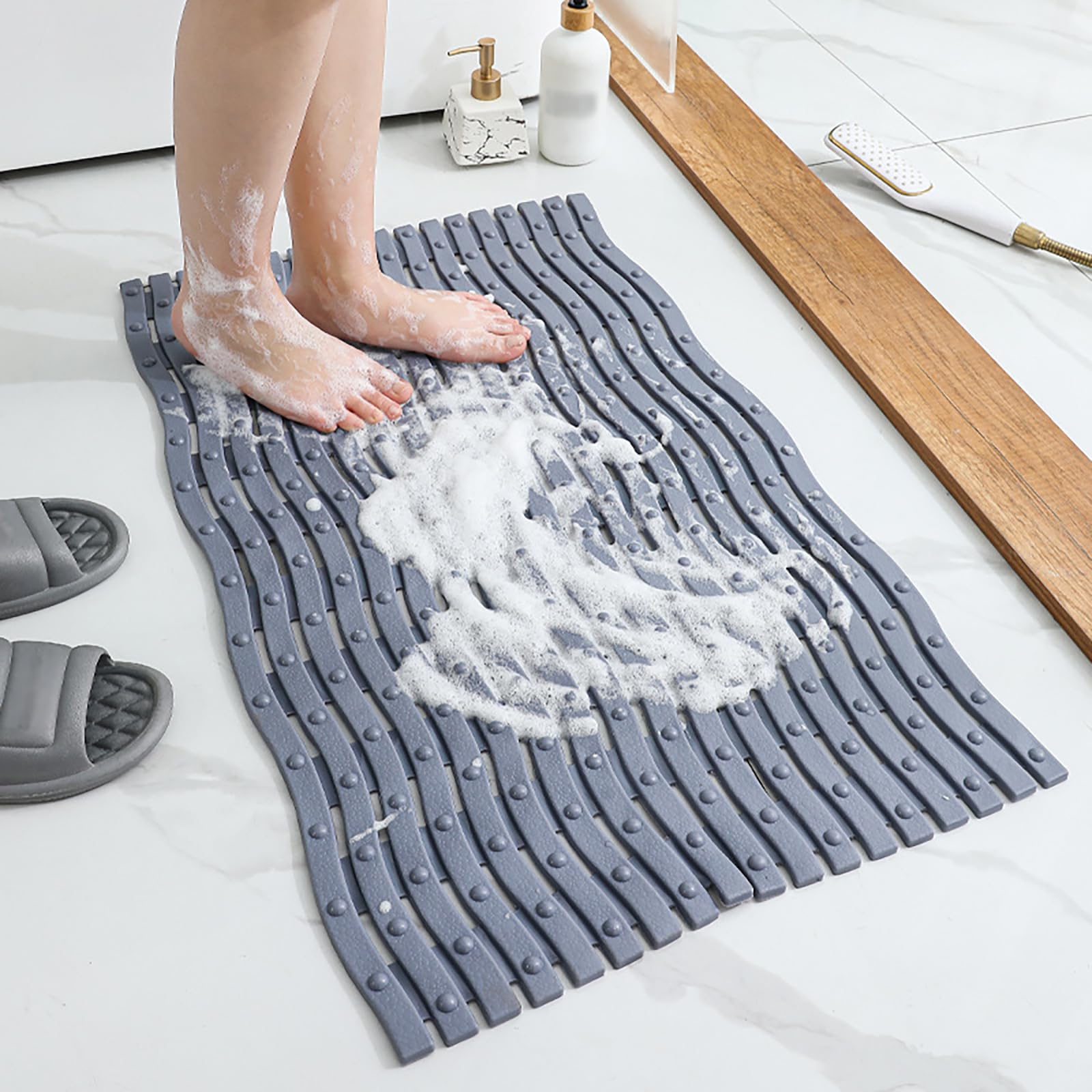 Welle Antirutschmatte Badewanne Lang mit Saugnäpfen, Rechteckige Duschmatte rutschfest mit Abflusslöcher, Badewannenmatte rutschfest Waschbar, Leicht Zu Reinigen,Grau,50x80cm/20x31in