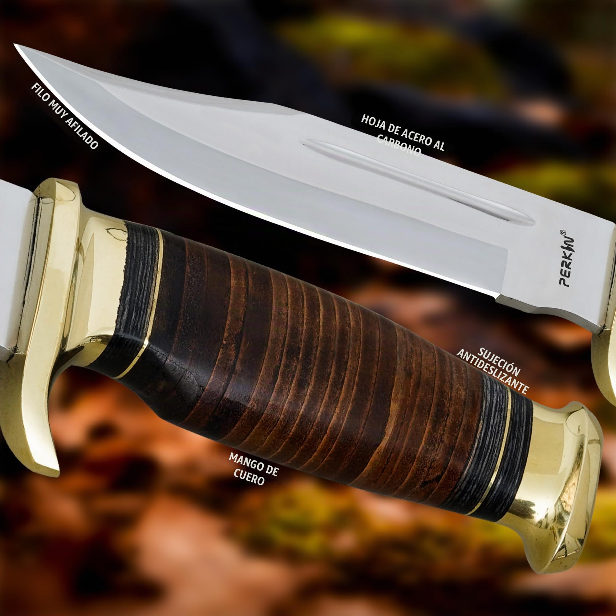 Perkin Cuchillo de caza hecho a mano con vaina fija cuchillo cuchillo mango de cuero