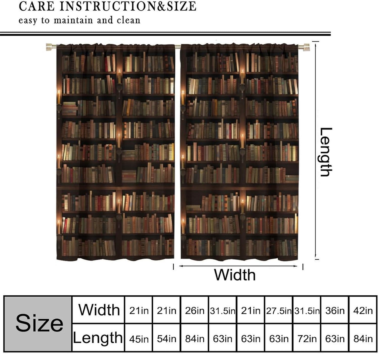 Bookshelf Curtains Library Books Bookcase Printed Vintage Rod Pocket Blackout Window Drapes for Bedroom Living Room Kitchen Cafe Decor （W21xL45 Inch） x2 Panels