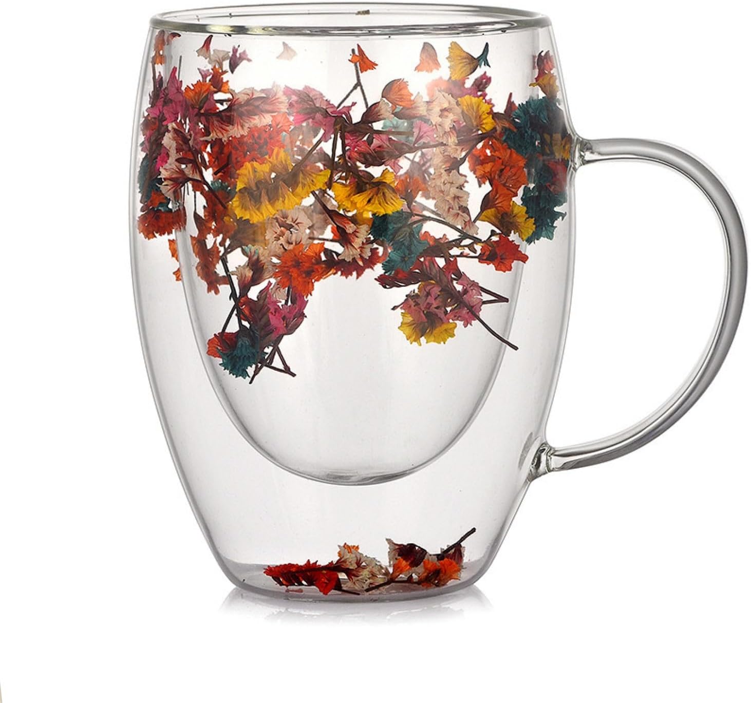 Double Walled Glass Coffee Mugs Flower Glass Coffee Mug With Handle Decorative 10 oz Clear Cappuccino Mug For Hot Cold Tea Milk Latte Wine Beverage Mother’s Day Birthday Christmas Gift
