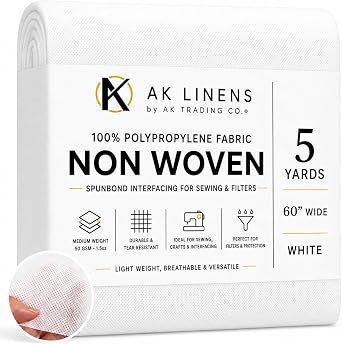 AK TRADING CO. Nonwoven 100% Polypropylene Fabric | Non-Woven Spunbond Interfacing for Sewing and Filters, 42 GSM Medium Weight 60" Wide, White - 5 Yards