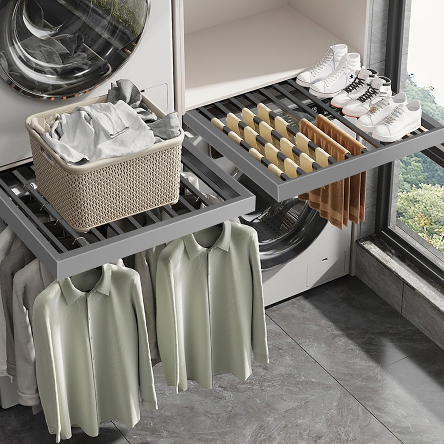 SBCC Invisible Clothes Drying Rack, Washing Machine Trouser Rack, Built-in Wardrobe Pull-Out Basket, Drawer-Type Balcony Trouser Drawer Slide Rail Storage Artifact (Color : Silver, Small : Small)