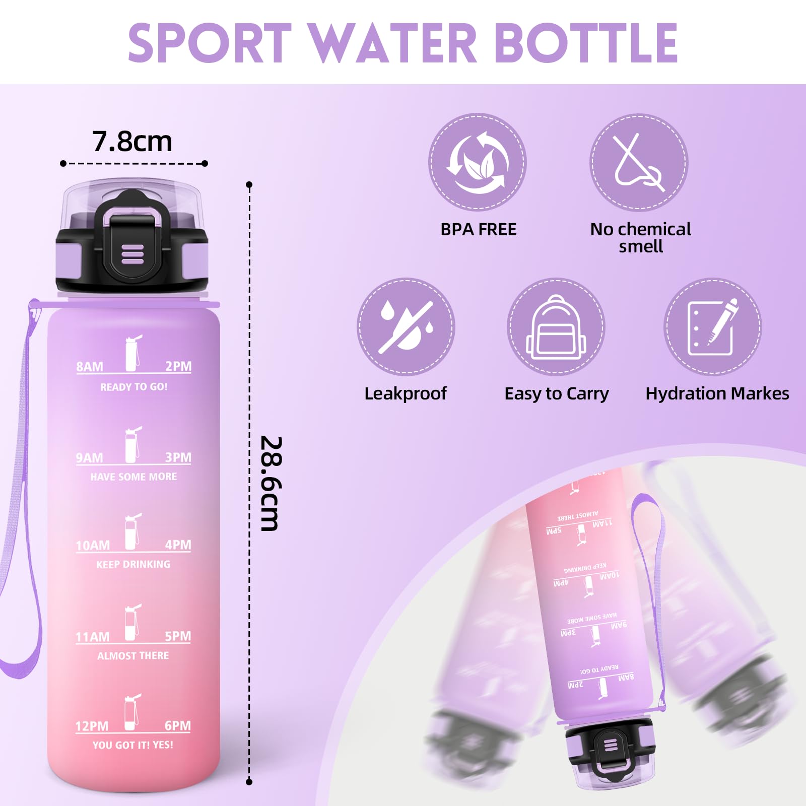 Motswedi Borraccia 1 litro,Riutilizzabile, Borraccia Motivazionale, a Prova di Perdite, Bottiglia Acqua, Senza BPA, Borracce, per Sport, Ufficio, Ciclismo, Palestra, Viola chiaro&Rosa
