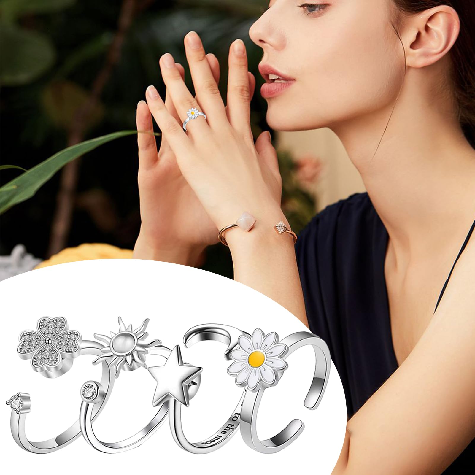 Fidget Rings, Spinner Jewelry, Fidget Rings do ?agodzenia stresu, 4-cz??ciowy zestaw z motywami ksi??yca, s?o?ca i kwiatów, ?atwe w u?yciu ?dzie do modowania, stylowe akcesoria dla dziewcz?t, nast