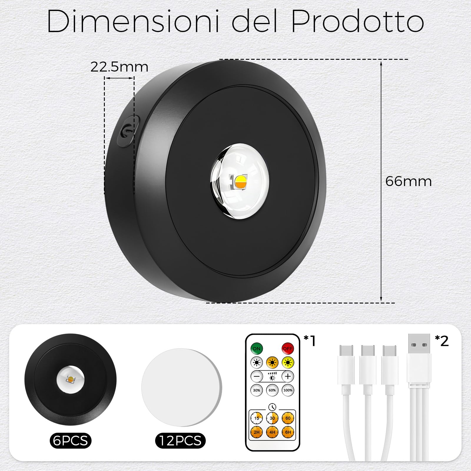 Set di 6 Faretti LED USB con Telecomando, Dimmabili, 30 Colori Cambiabili, Luci Senza Fili per Vetrine, Armadi e Cucina, Illuminazione Adesiva e Magnetica con Timer e Funzione Touch