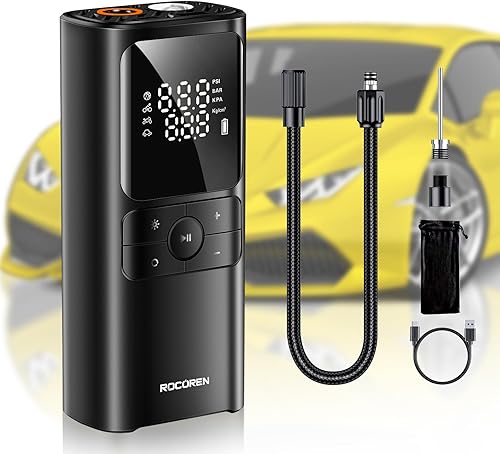 Rocoren Inflador de neumáticos, compresor de aire portátil, bomba de coche inalámbrica de 150 PSI, bomba eléctrica recargable por USB con motor de