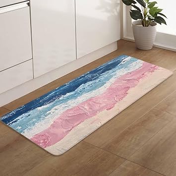 Indoor Door Mat, Watercolor Abstract Blue White Pink Waves Soft Non Slip Absorbent Kitchen Rug, Seaside Beach Floor Mat Entrance Rugs for Bedroom Living Room 20X47IN