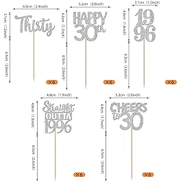 30PCS 30th Birthday Cupcake Toppers Glitter Thirty Happy 30 Straight Outta 1996 Cupcake Picks for Cheers to 30 Years 30th Birthday Wedding Anniversary Party Decoration Supplies Silver
