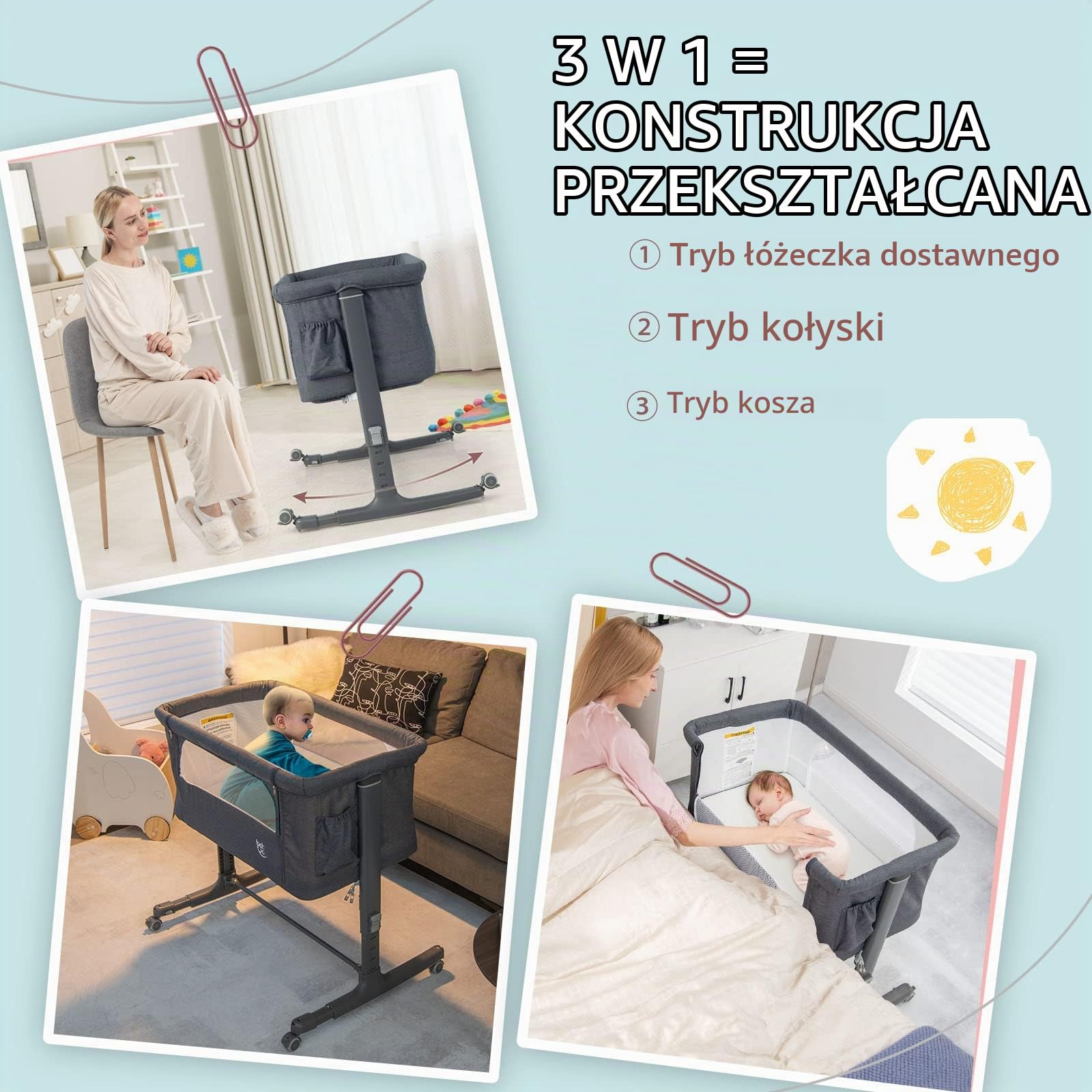 LIFEZEAL 3 w 1 - śpiworek, 5-stopniowe łóżeczko z regulacją wysokości, gondola z materacem, mobilne łóżeczko turystyczne na kółkach z torbą boczną i gondolą. (szary)