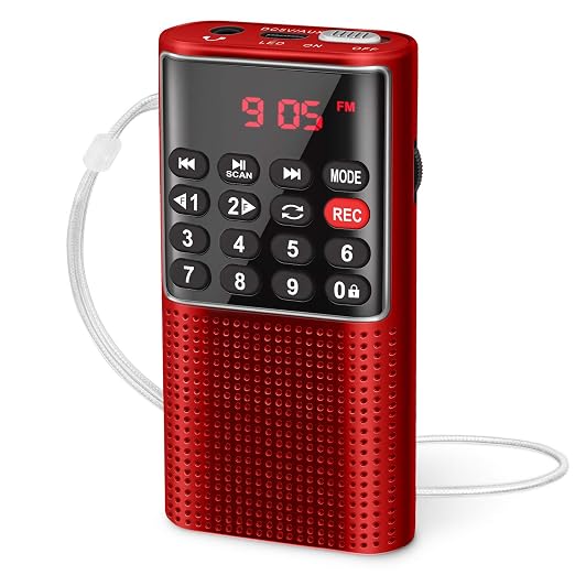PRUNUS J-328 Mini Portable Pocket FM(NO AM) Radio Micro SD Card MP3 Player with Voice/FM Recording, Lock Button, Rechargeable Battery Operated(Red)