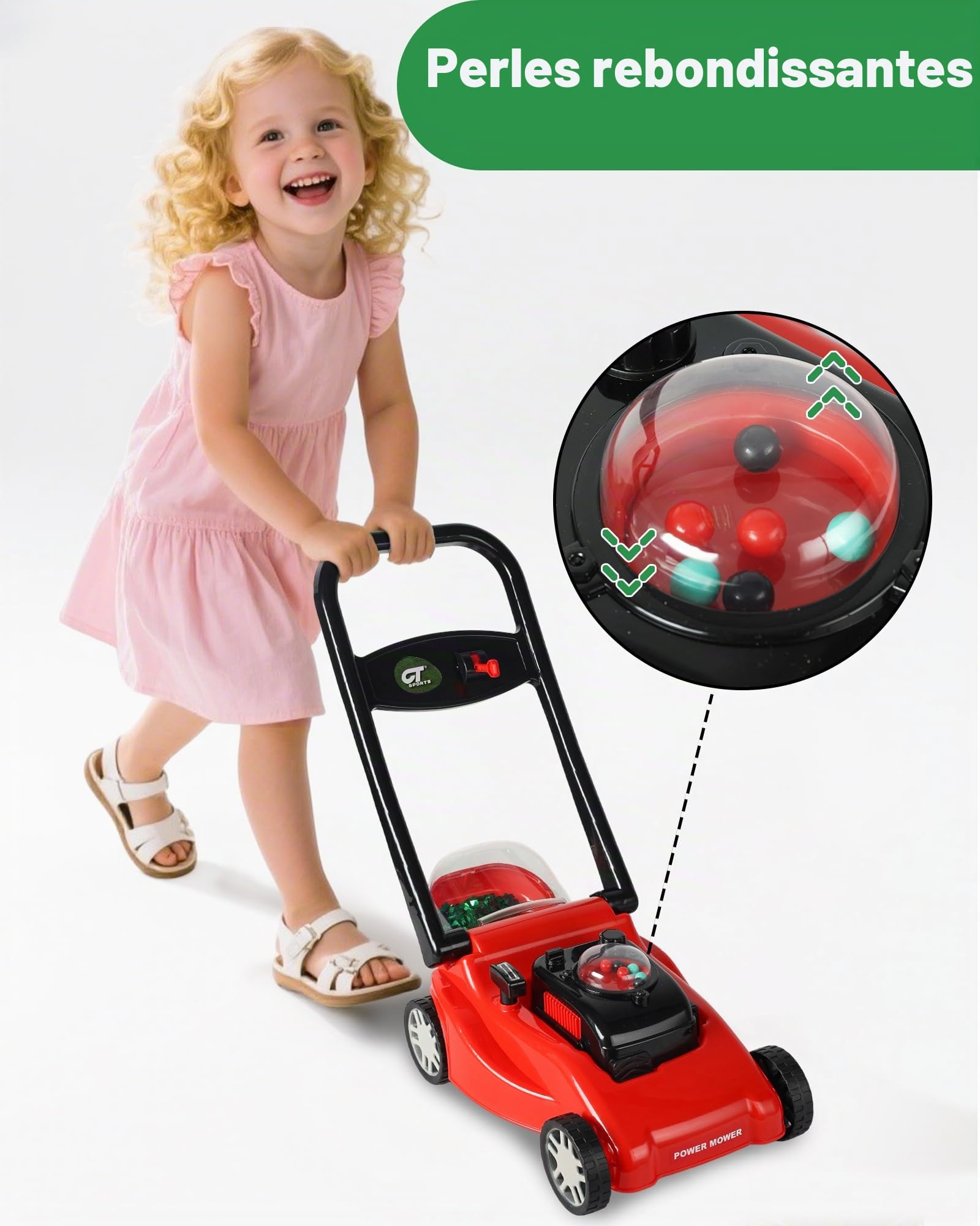 Tondeuse à gazon pour enfant avec action de coupe d'herbe réaliste et sons – Pas besoin de piles | Tondeuse à gazon pour enfants, jouet amusant pour enfants (rouge)