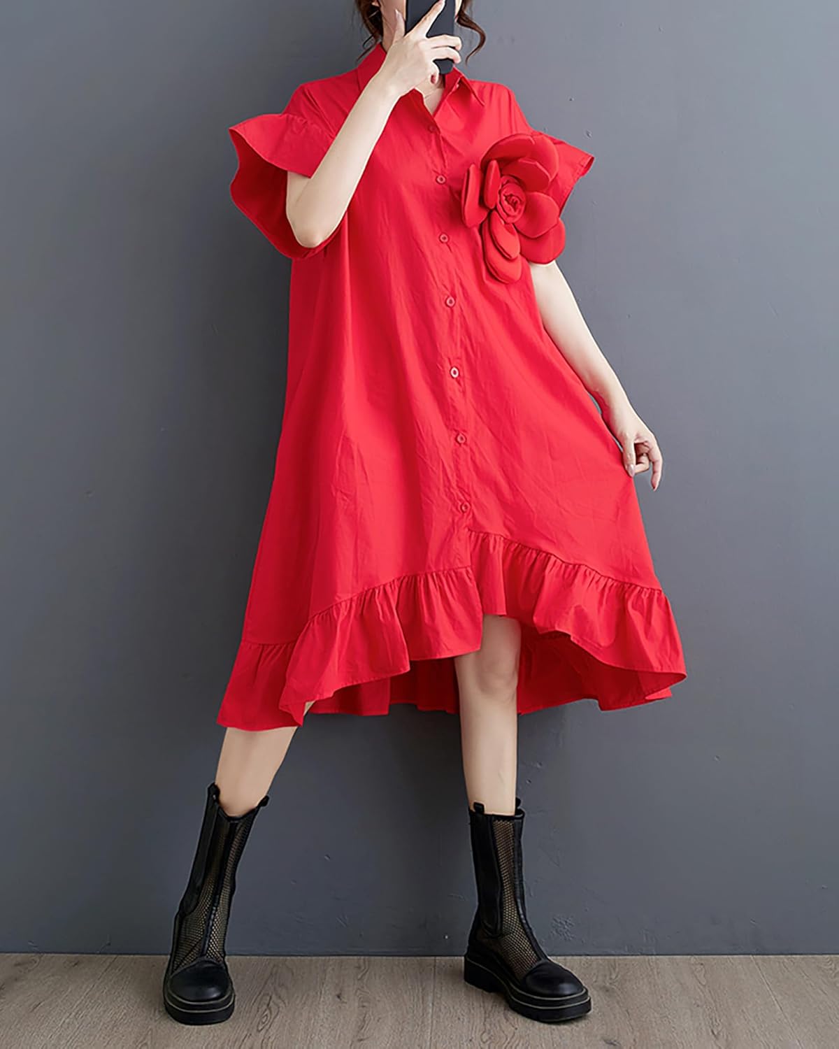 ellazhu Women's Dress Loose Irregular Ruffle Hem Flower Button Down V-Neck Short Sleeve Shirt GZ210 - Image 4