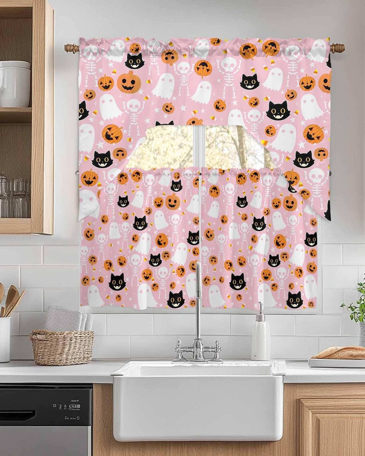 Halloween Pink Kitchen Curtains and Valance Set,Black White Ghost Orange Skull Pumpkin Short Swag Tier Curtain 36 Inch Length for Cafe Bedroom Bathroom Drapes 3 Piece Rod Pocket Window Treatment