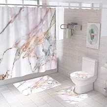 4 Pcs Marble Texture Gold Shower Curtain Sets with Non-Slip Rugs Toilet Lid Cover and Bath Mat Natural Marble Abstract Pink Shower Curtain Bathroom Decor with Hooks 72 x 72 Inch