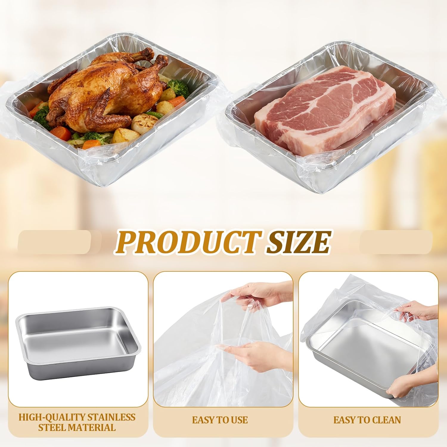 2 Pack 13 L Stainless Steel Commercial Bus Tubs and 50 Pack Plastic Meat Lug Liners, Food Grade Meat Processing Tubs Lug for Dishwashing, Kitchen, Restaurant, Utility