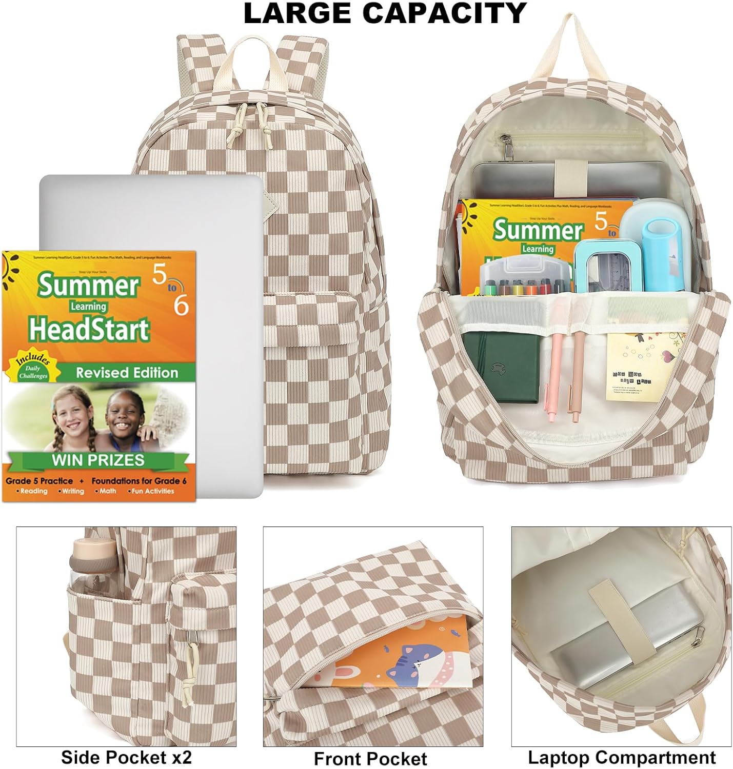 School Backpack for Girls - Girls Backpack with Lunch Box Pencil Case for Teen Kids Elementary Middle Bookbag (Corduroy Checkered Brown)