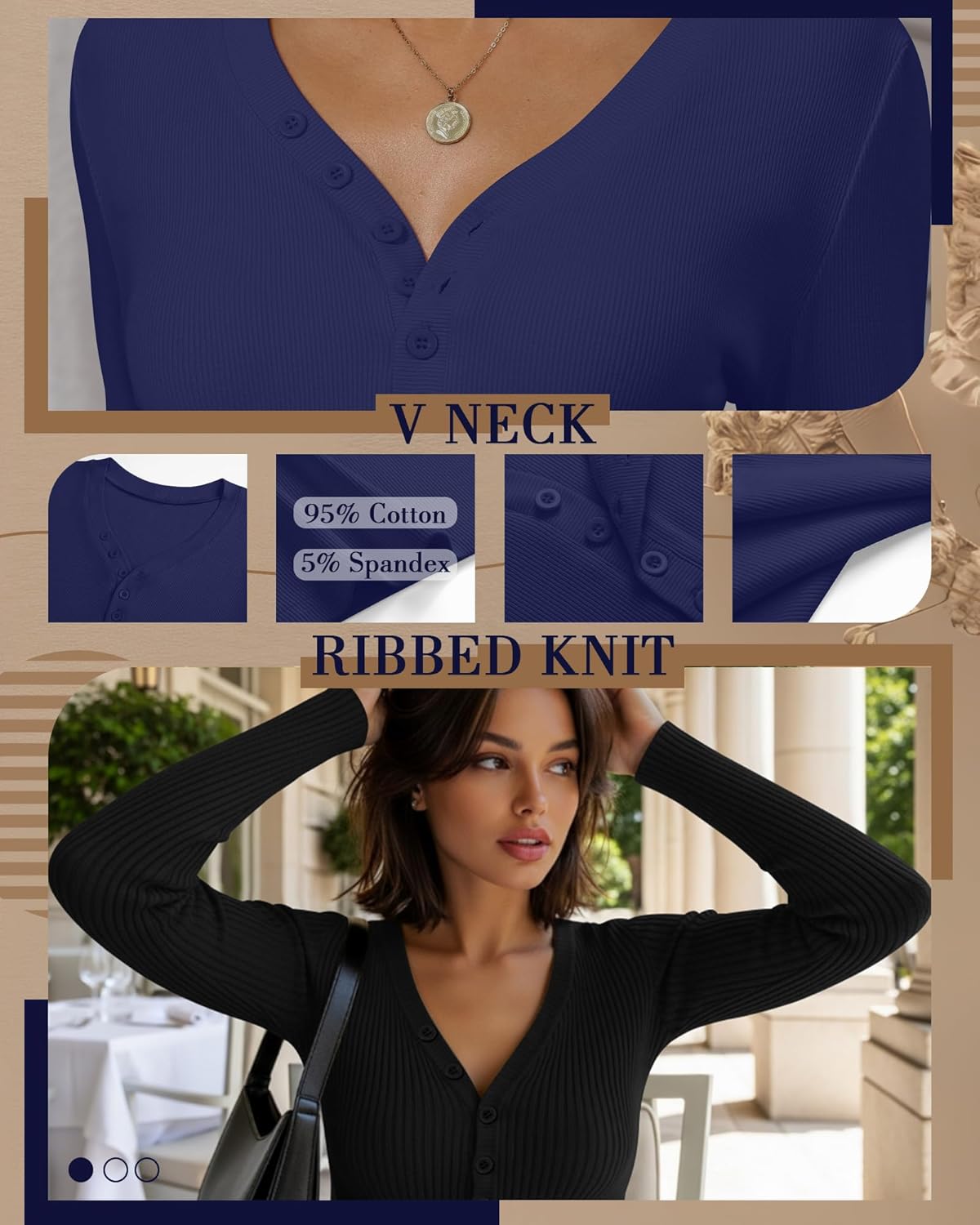 3 Pack Women's Long Sleeve Henley Shirts Cotton V Neck Ribbed Knit Tops Slim Fit Casual Tees Fall Basic Blouses(Black, Navy Blue, Fuchsia,XX-Large) - Image 3