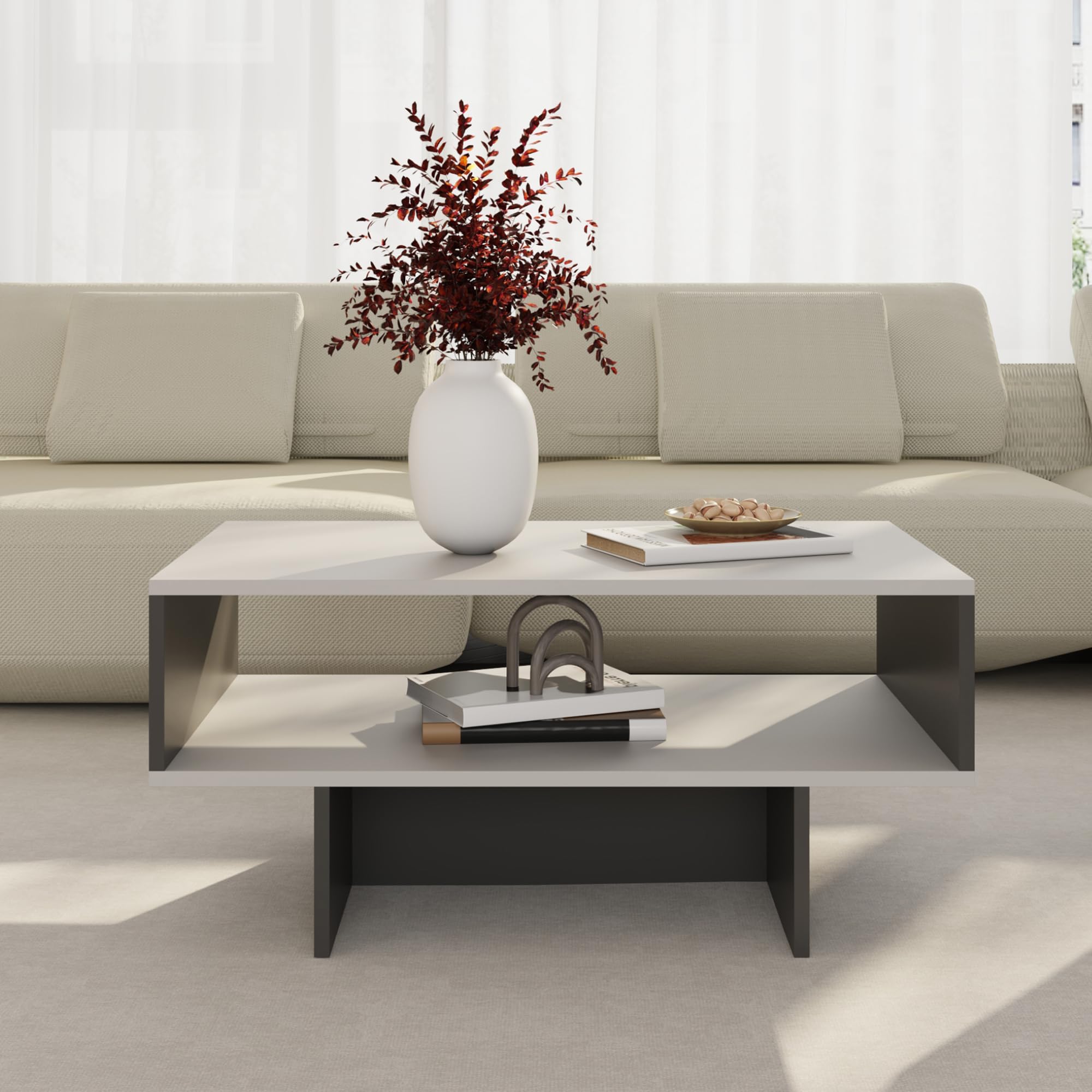 [en.casa] Tavolino da Salotto (AxLxP): 36,4 x 80 x 45 cm Tavolino Basso da Divano Tavolino a 2 Piani di Appoggio Rettangolare - Bianco/Antracite