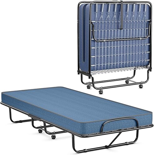Miniatura 44 de HAPPYGRILL Cama enrollable, cama plegable con colchón de espuma viscoelástica de 5 pulgadas, marco de acero resistente, 4 ruedas universales, cama